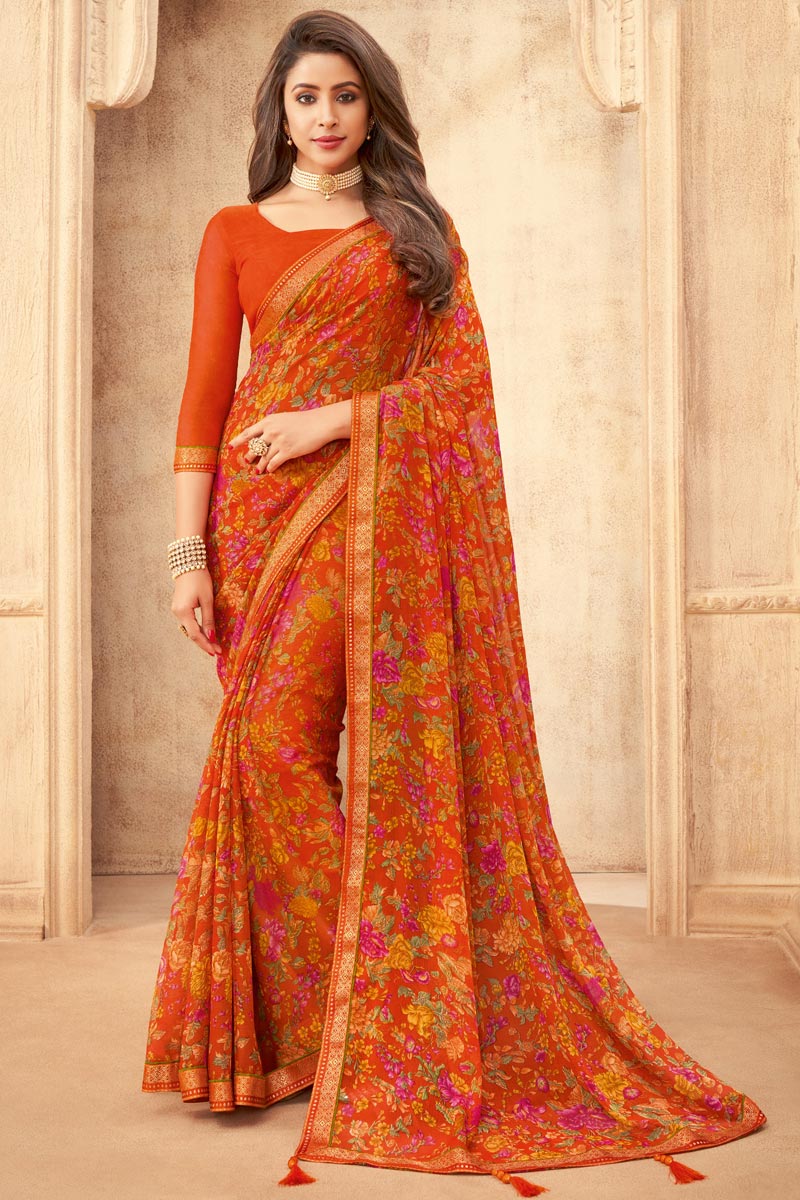 Chiffon Fabric Daily Wear Floral Printed Saree In Orange Color | Buy Online India