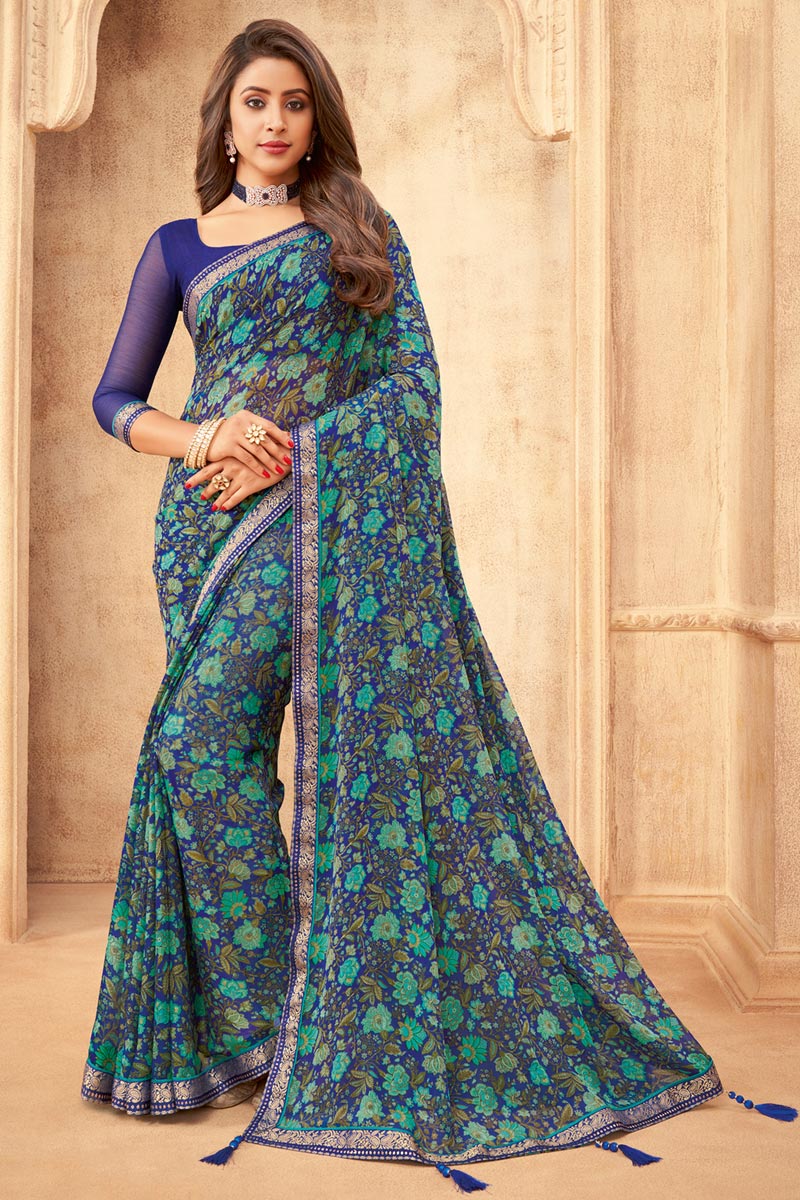 Daily Wear Chiffon Fabric Floral Printed Saree In Navy Blue Color
