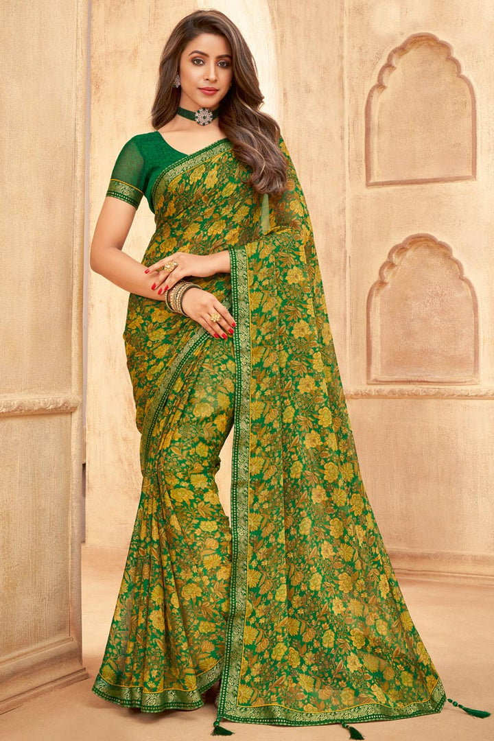 Green Color Daily Wear Chiffon Fabric Floral Printed Saree