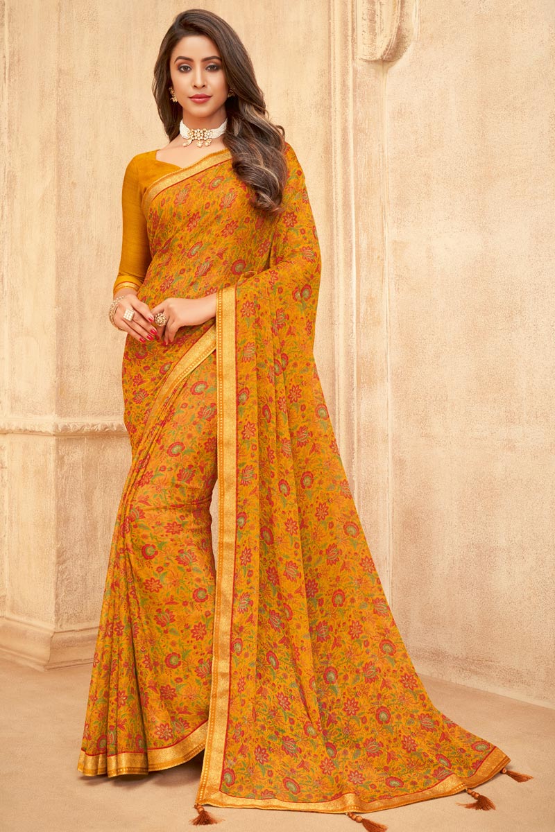 Chiffon Fabric Mustard Color Floral Printed Daily Wear Saree