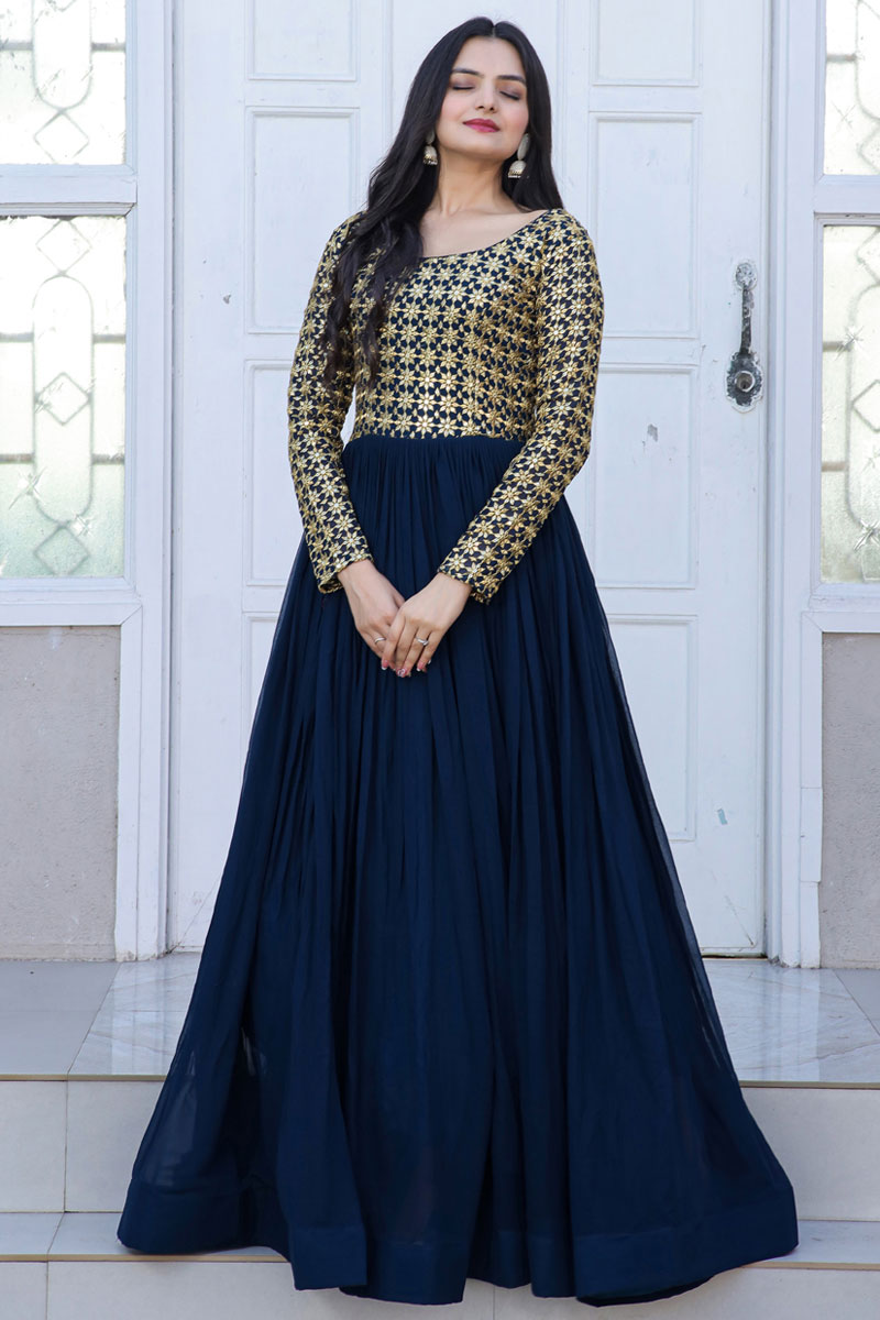 Function Wear Readymade Georgette Gown In Teal Color