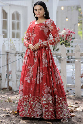 Georgette Digital Printed Red Readymade Gown