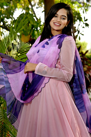 Art Silk Fabric Brilliant Gown With Printed Dupatta In Pink Color