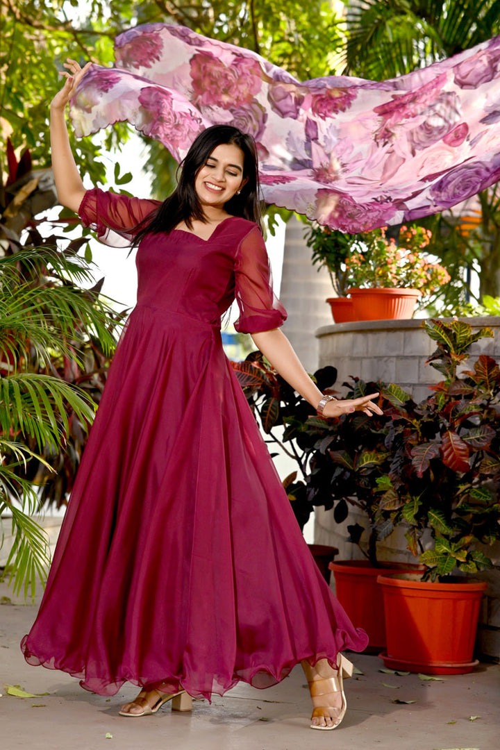 Art Silk Fabric Soothing Gown With Printed Dupatta In Maroon Color