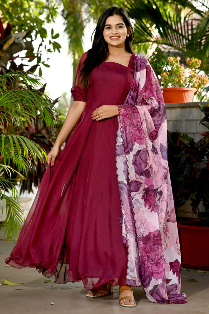 Art Silk Fabric Soothing Gown With Printed Dupatta In Maroon Color