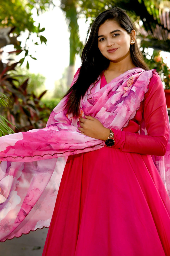 Pink Color Art Silk Fabric Appealing Gown With Printed Dupatta