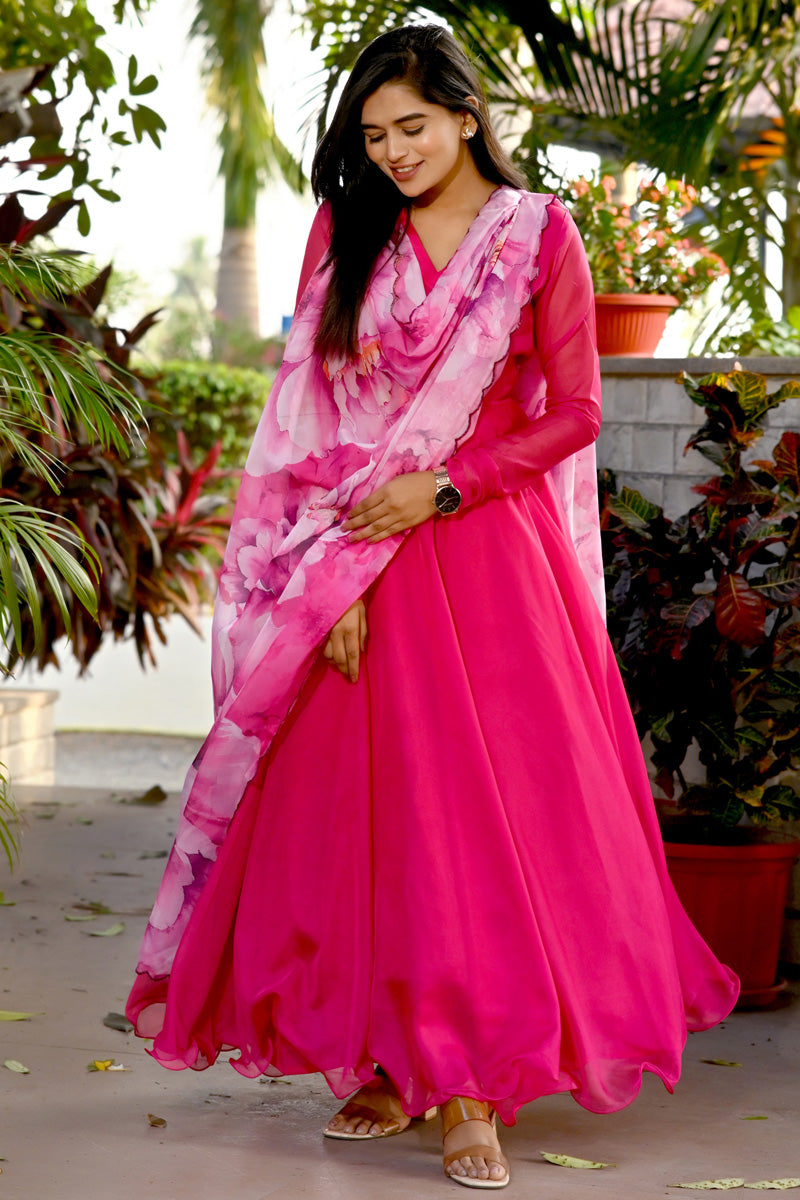 Pink Color Art Silk Fabric Appealing Gown With Printed Dupatta