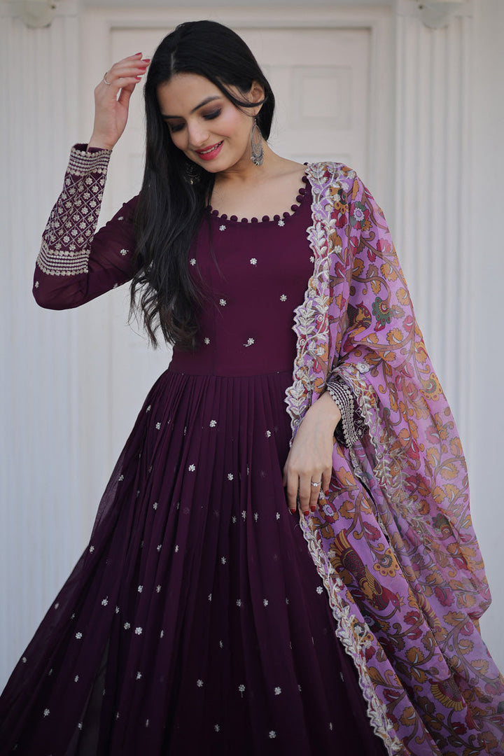 Wine Color Georgette Fabric Stunning Gown With Dupatta