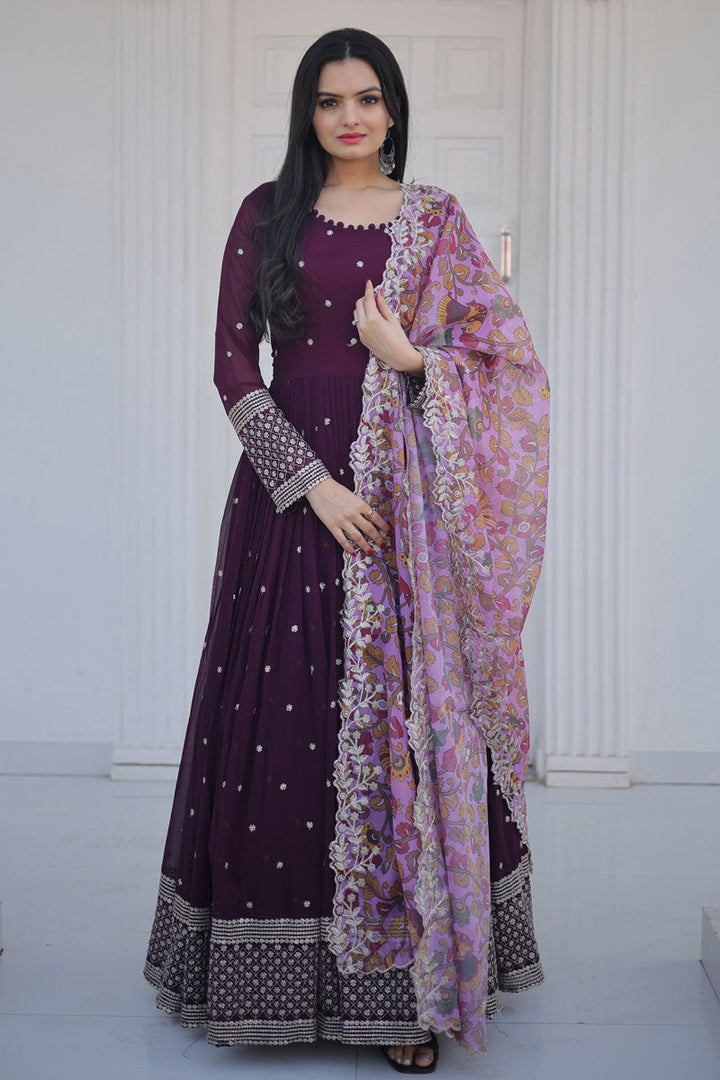 Wine Color Georgette Fabric Stunning Gown With Dupatta