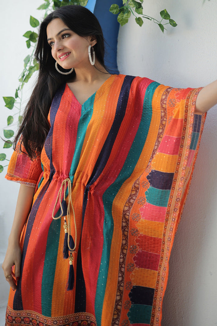 Party Wear Digital Printed Chinon Orange Kaftan