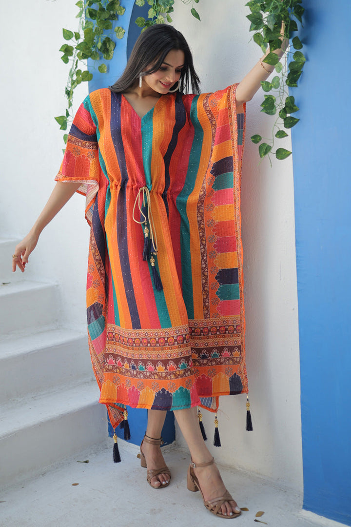 Party Wear Digital Printed Chinon Orange Kaftan