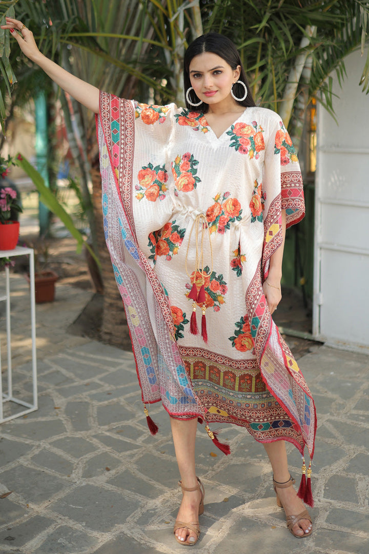 White Color Party Wear Digital Printed Chinon Kaftan