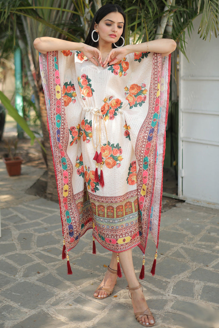 White Color Party Wear Digital Printed Chinon Kaftan