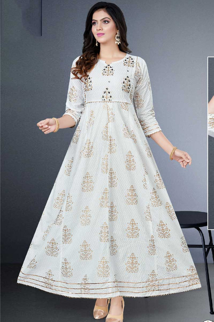 Rayon Fabric Charismatic Readymade Gown With Dupatta In White Color