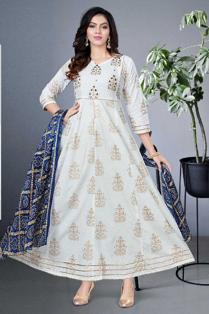 Rayon Fabric Charismatic Readymade Gown With Dupatta In White Color