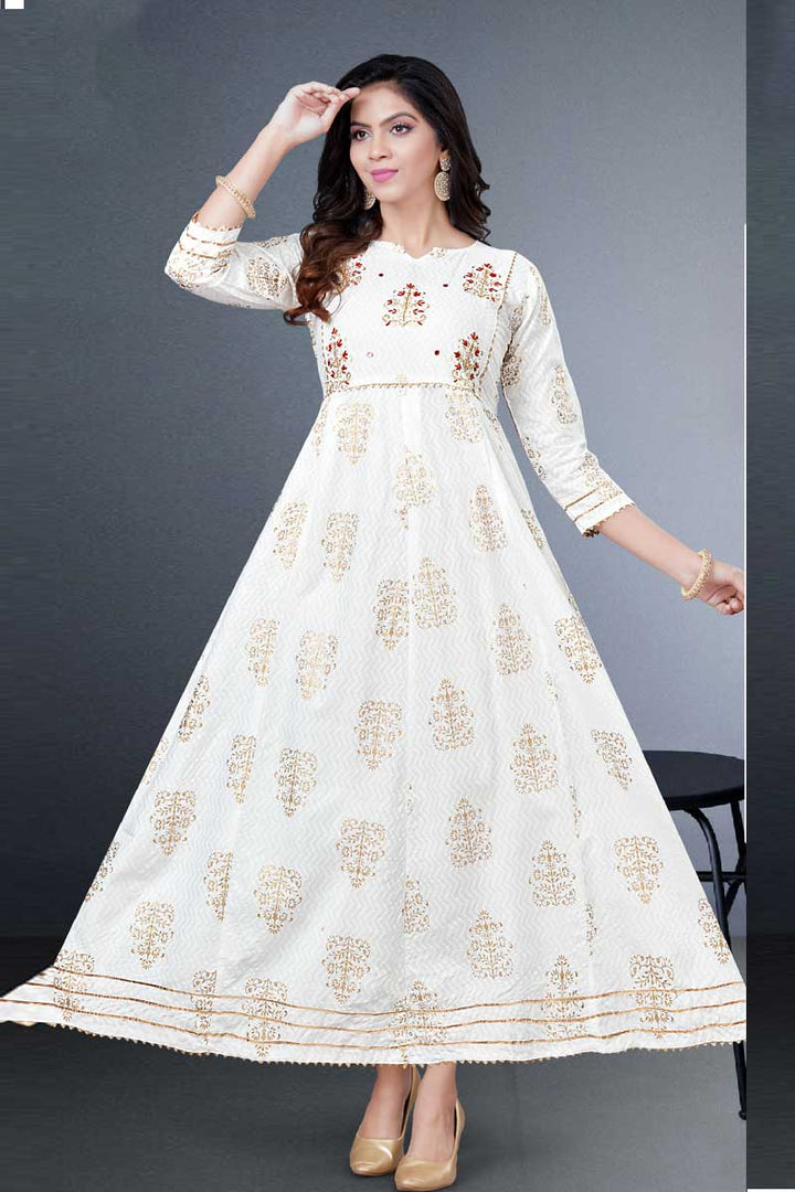 Rayon Fabric White Color Ingenious Readymade Gown With Dupatta