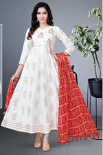 Load image into Gallery viewer, Rayon Fabric White Color Ingenious Readymade Gown With Dupatta
