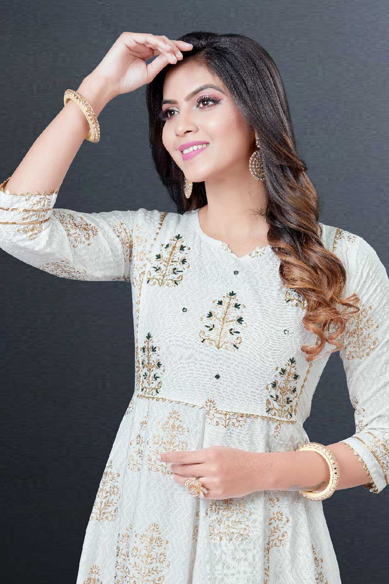 White Color Glorious Readymade Gown With Dupatta In Rayon Fabric