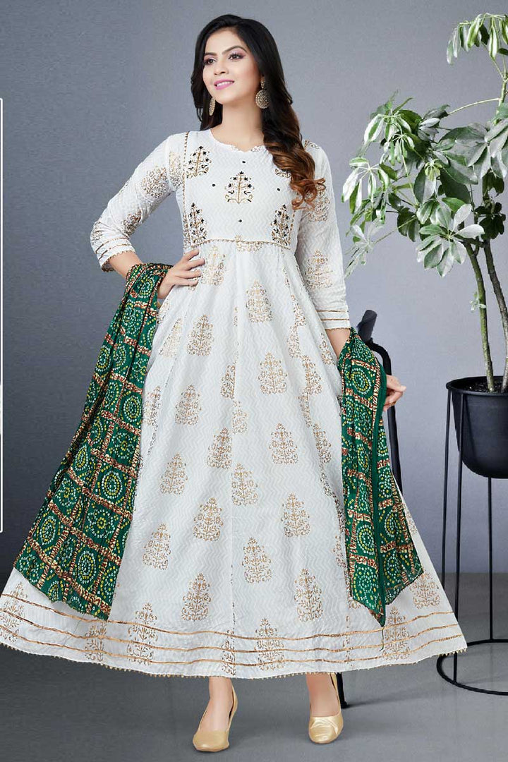 White Color Glorious Readymade Gown With Dupatta In Rayon Fabric