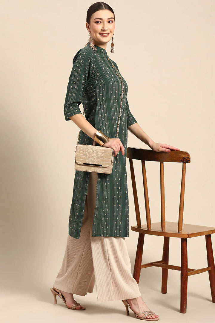 Green Color Cotton Fabric Printed Work Chic Kurti