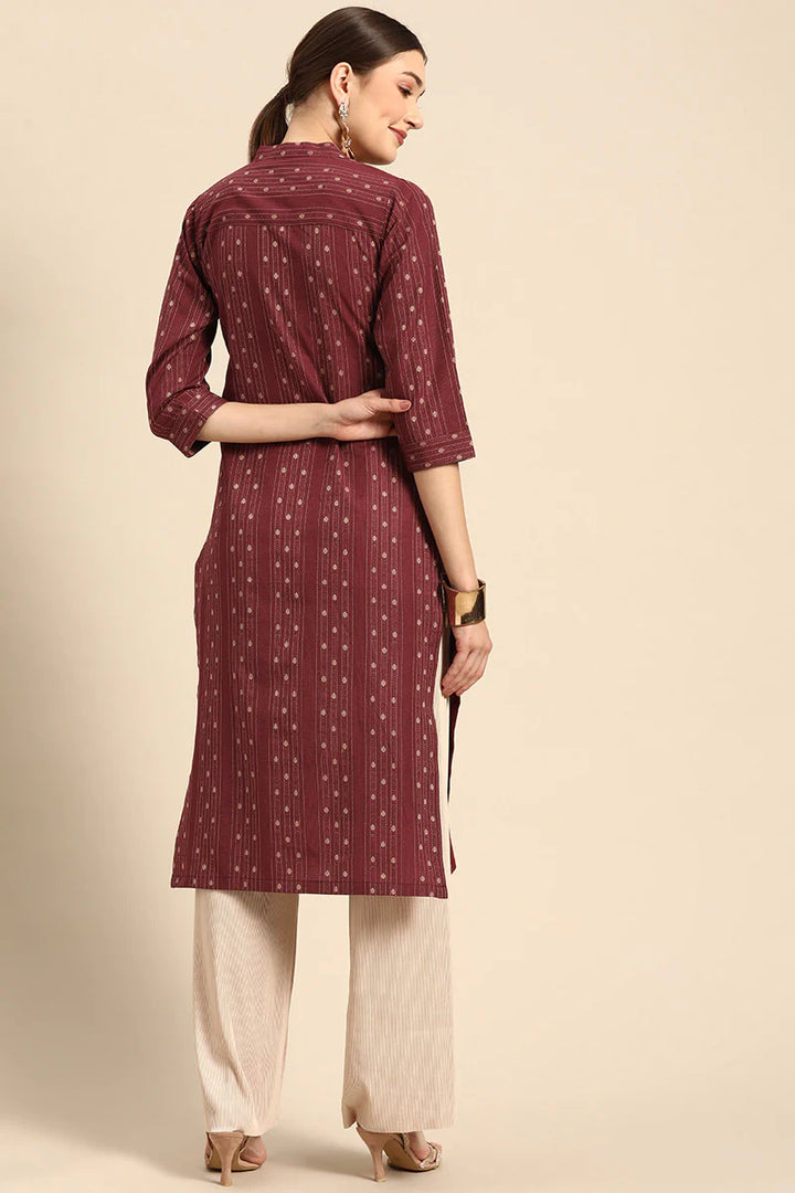 Cotton Fabric Printed Work Soothing Kurti In Maroon Color