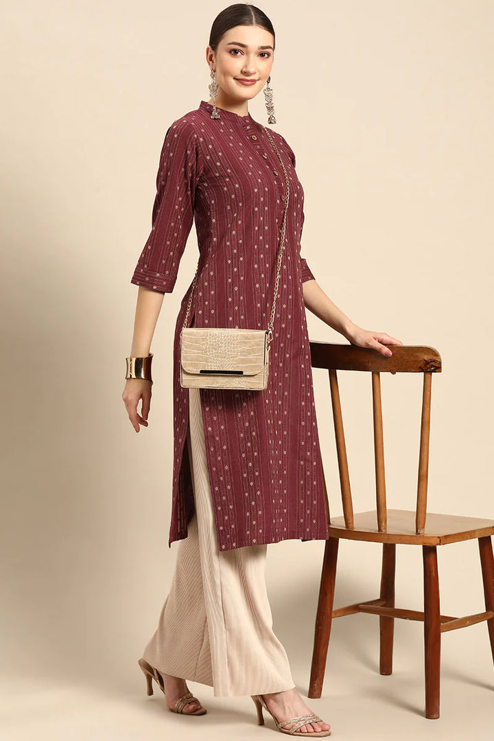 Cotton Fabric Printed Work Soothing Kurti In Maroon Color
