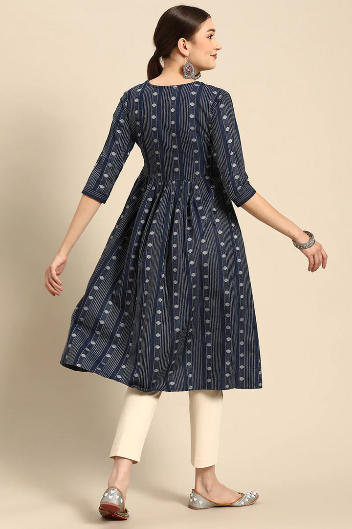 Navy Blue Color Printed Delicate Cotton Fabric Kurti
