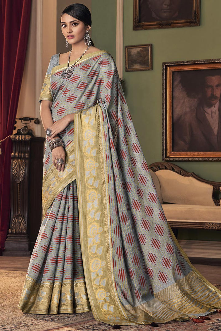 Art Silk Fabric Party Style Trendy Grey Color Saree