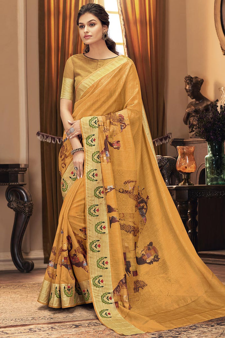 Party Wear Art Silk Fabric Trendy Saree In Mustard Color