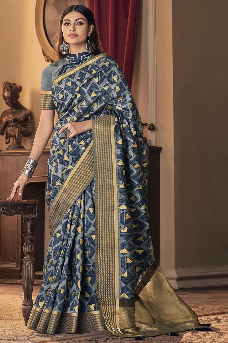 Party Wear Trendy Art Silk Fabric Saree In Blue Color