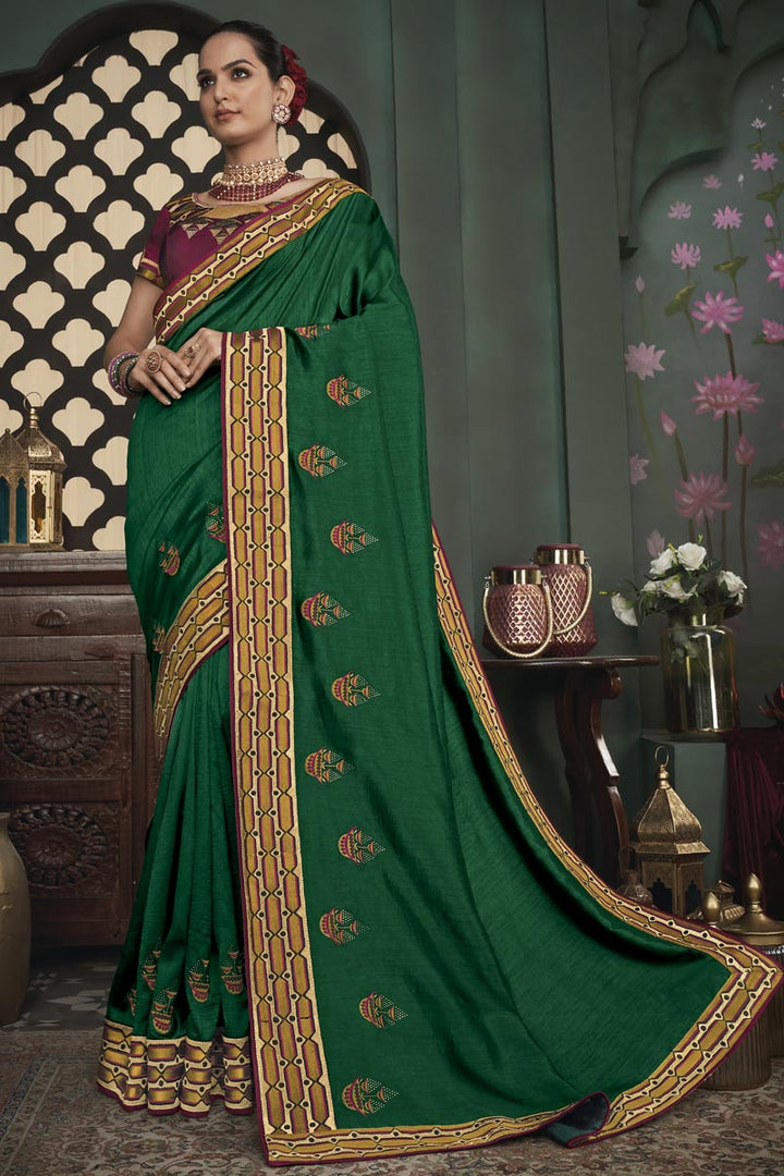Green Color Designer Border Work Saree In Art Silk Fabric