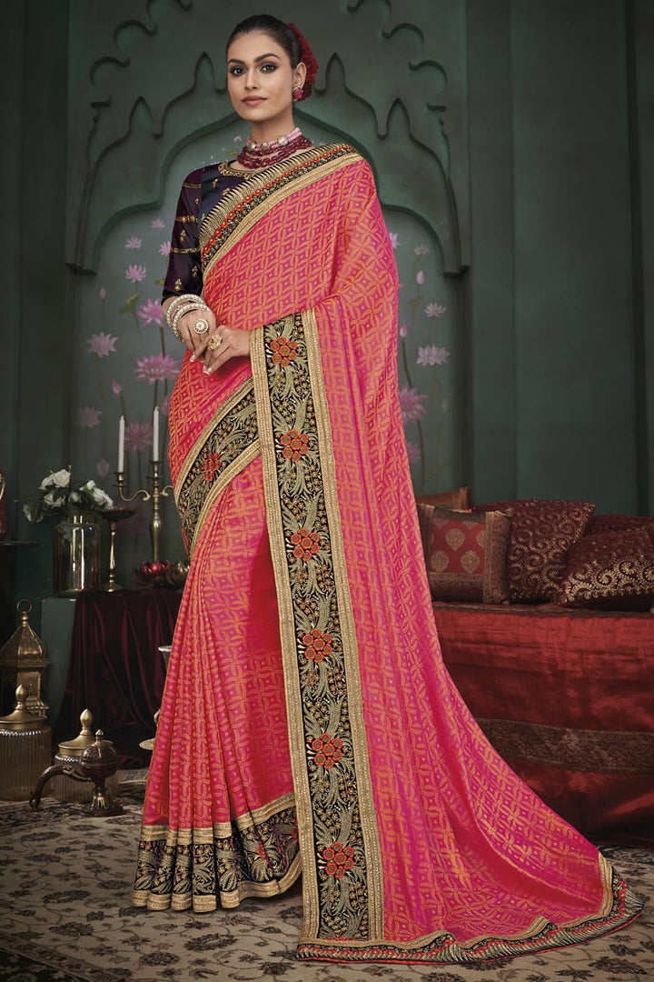 Pink Color Art Silk Fabric Festive Wear Border Work Saree