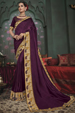 Load image into Gallery viewer, Burgundy Color Party Wear Border Work Saree In Art Silk Fabric
