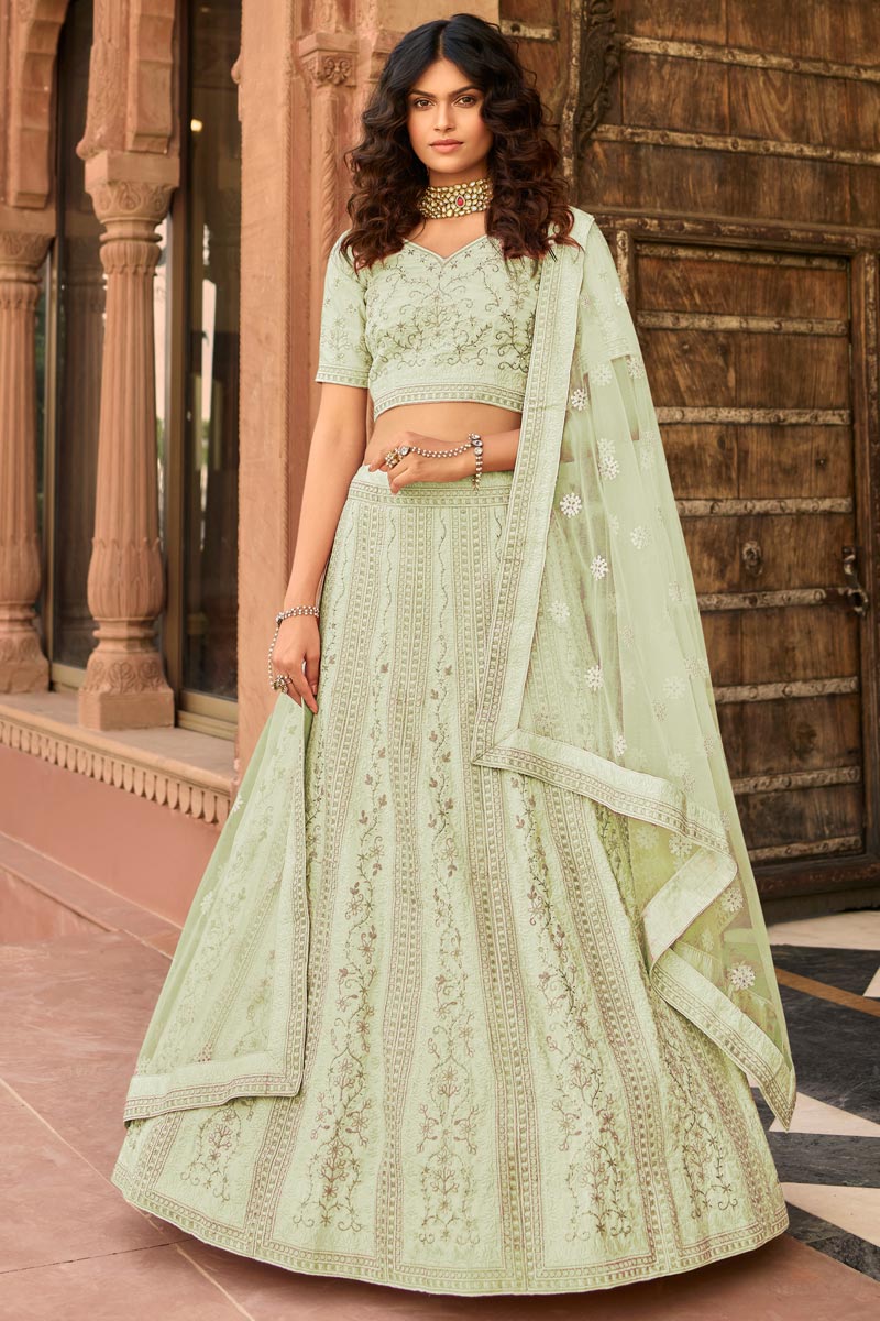 Function Wear Designer Organza Fabric Lehenga In Sea Green Color