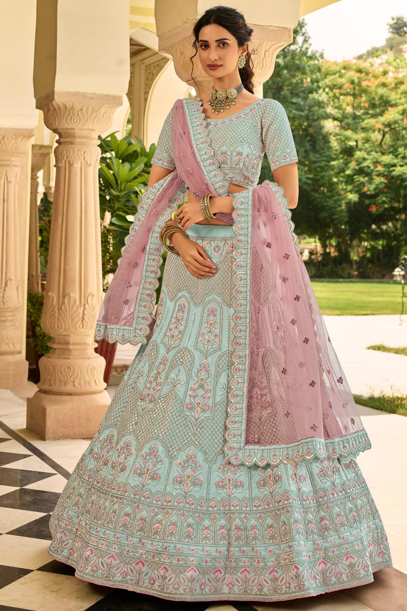 Stylish Heavy Crepe Fabric Lehenga In Sea Green Color