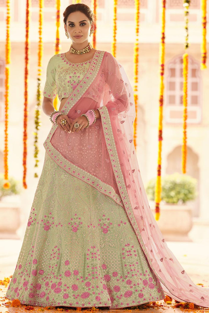 Georgette Fabric Embroidered Wedding Wear Designer Lehenga Choli In Sea Green Color