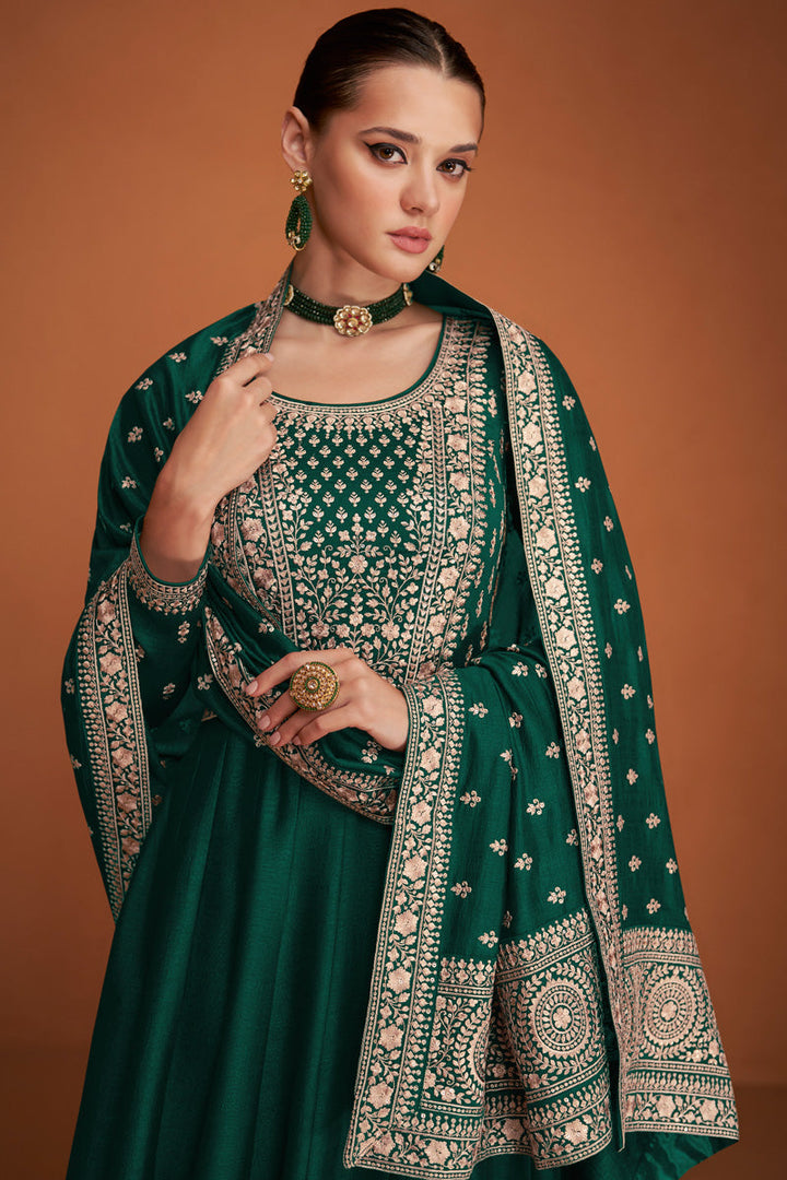 Dark Green Color Silk Gown With Embroidered Work