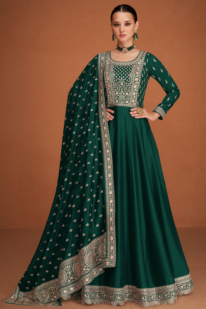 Dark Green Color Silk Gown With Embroidered Work