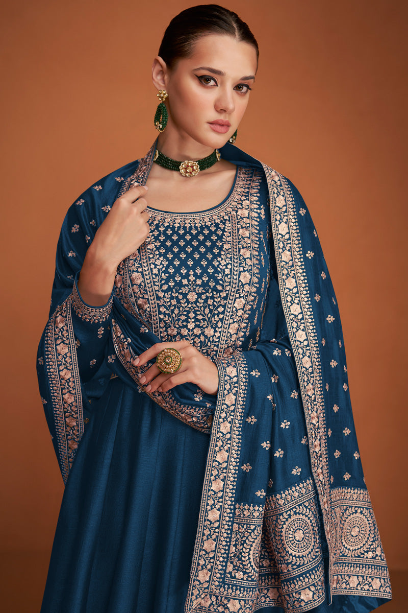 Blue Color Georgette Fabric Sangeet Wear Gown With Dupatta