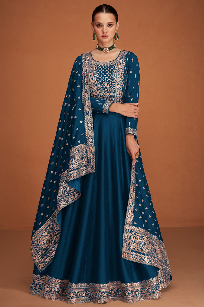 Blue Color Georgette Fabric Sangeet Wear Gown With Dupatta