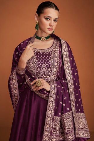 Purple Color Silk Base Embroidered Gown With Dupatta