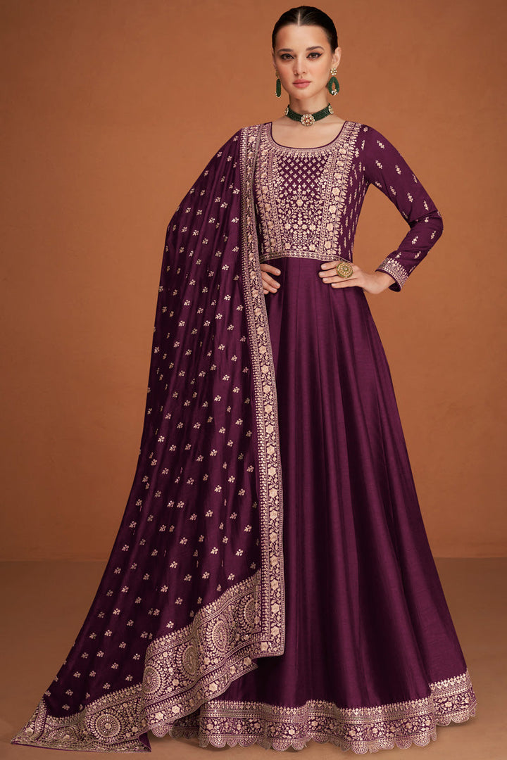 Purple Color Silk Base Embroidered Gown With Dupatta