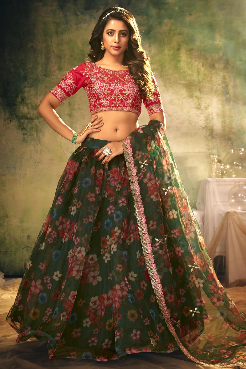 Organza Fabric Digital Print Floral Pleated Fancy Lehenga Choli In Dark Green Color