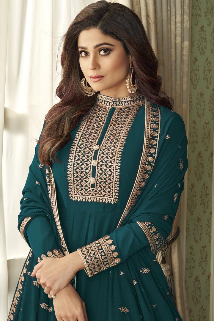 Shamita Shetty Teal Color Function Wear Embroidered Georgette Anarkali Suit