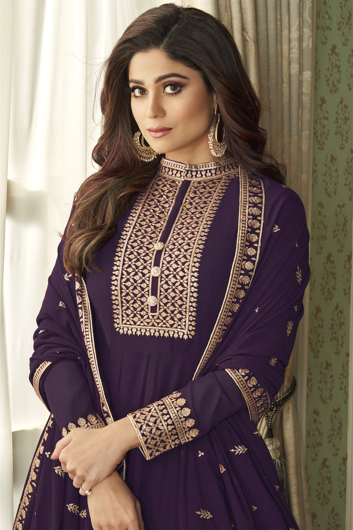 Shamita Shetty Purple Color Function Wear Embroidered Georgette Anarkali Dress