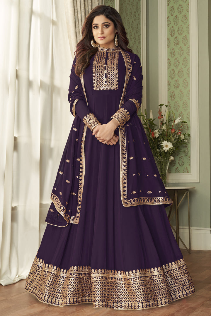 Shamita Shetty Purple Color Function Wear Embroidered Georgette Anarkali Dress