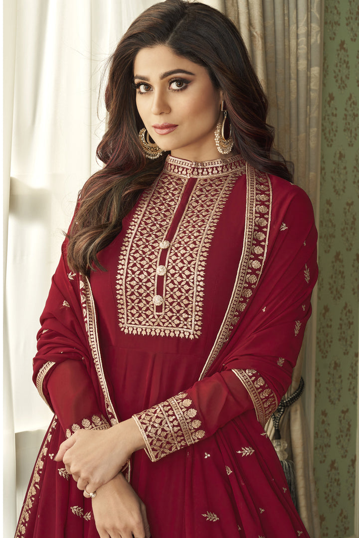 Shamita Shetty Maroon Color Georgette Function Wear Embroidered Anarkali Dress