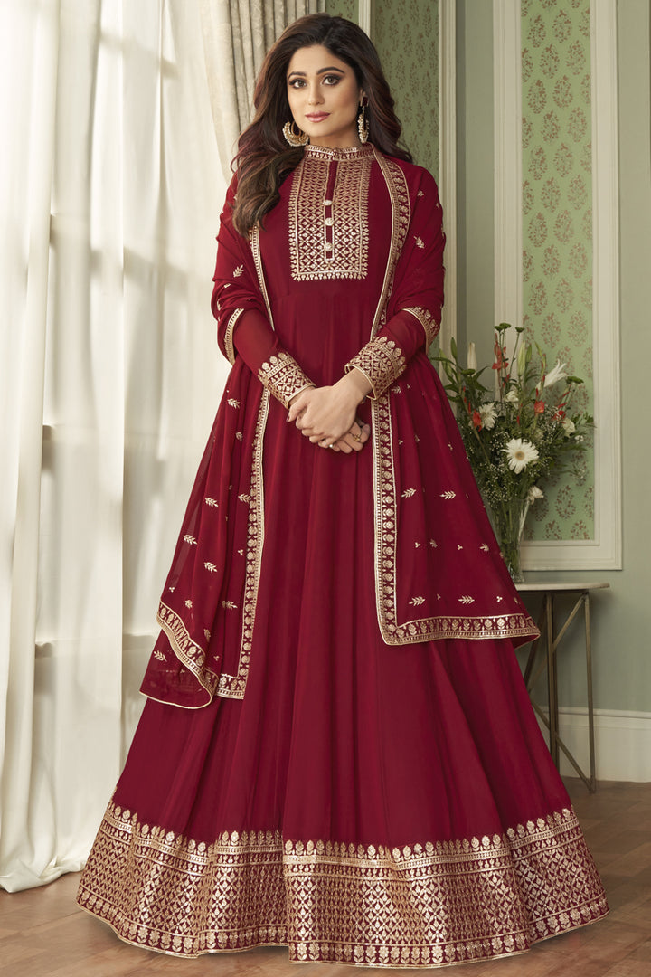 Shamita Shetty Maroon Color Georgette Function Wear Embroidered Anarkali Dress
