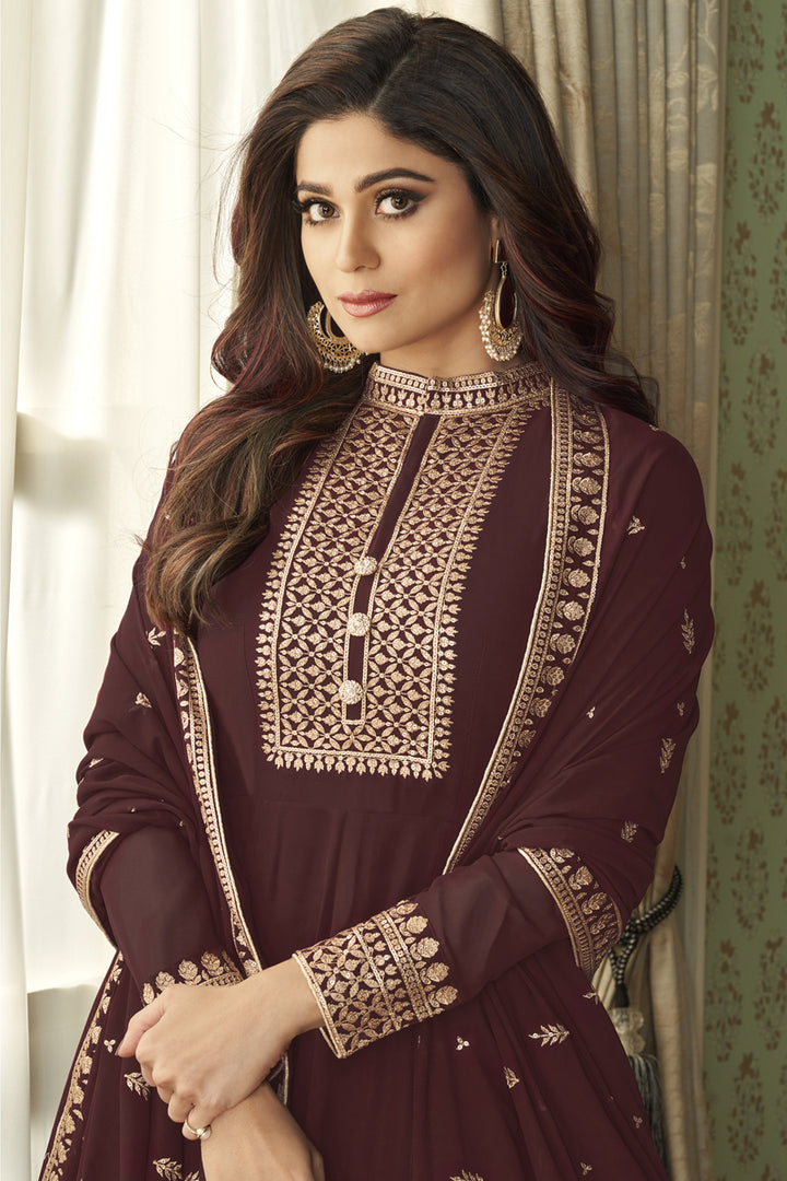 Shamita Shetty Georgette Function Wear Embroidered Anarkali Suit In Brown Color