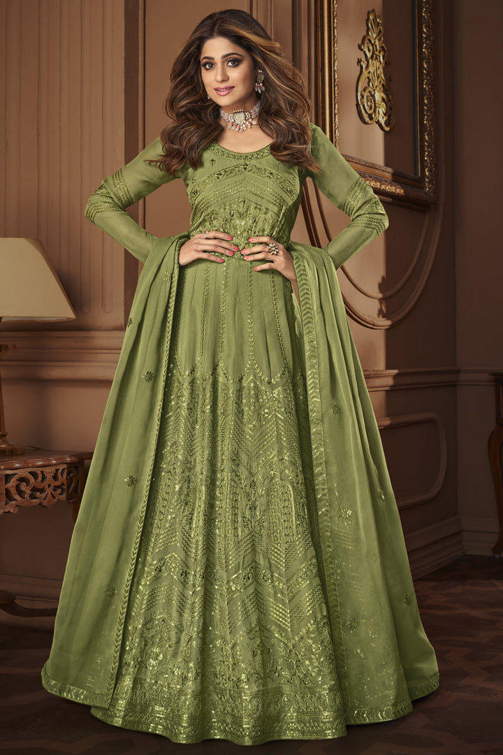 Green Color Georgette Fabric Function Wear Anarkali Suit Featuring Shamita Shetty With Embroidered Work